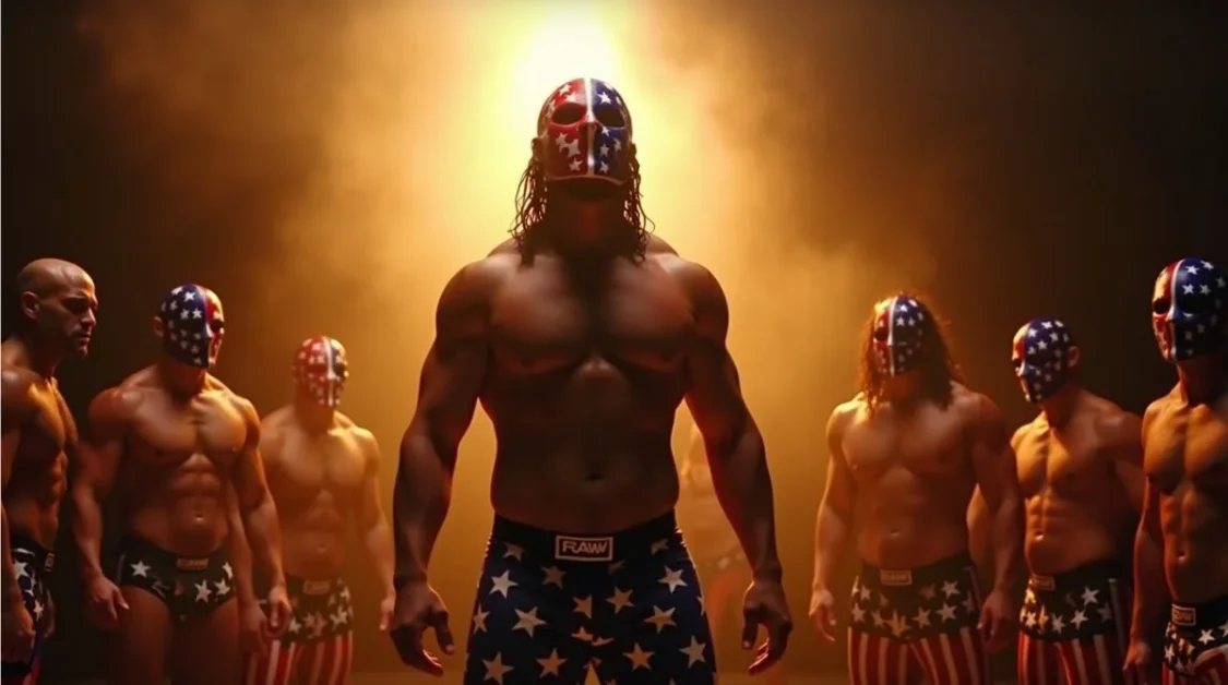 El Grande Americano in mask and singlet backstage with WWE RAW faction